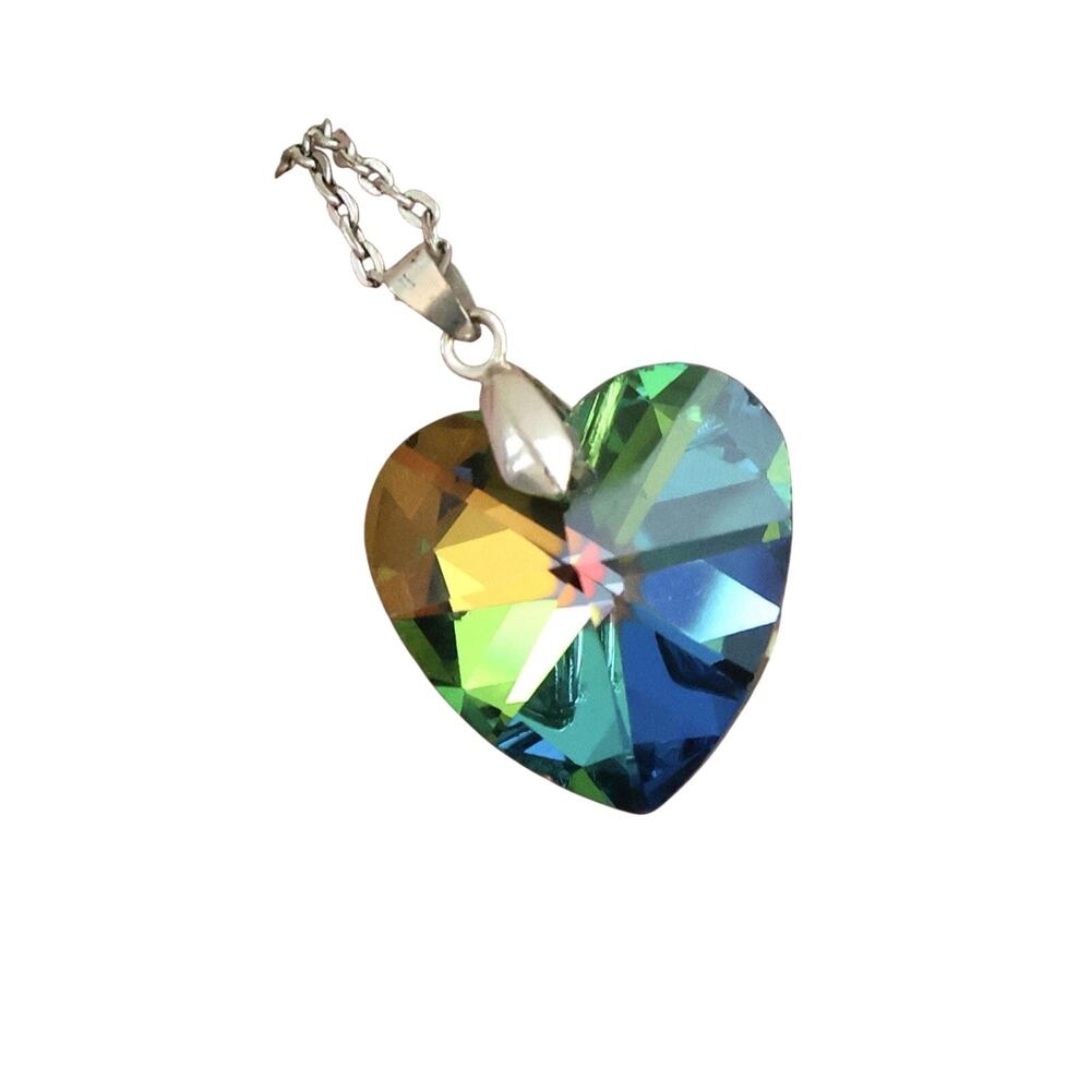Swarovski Crystal Rainbow Heart Pendant Silver Tone Necklace Pride
